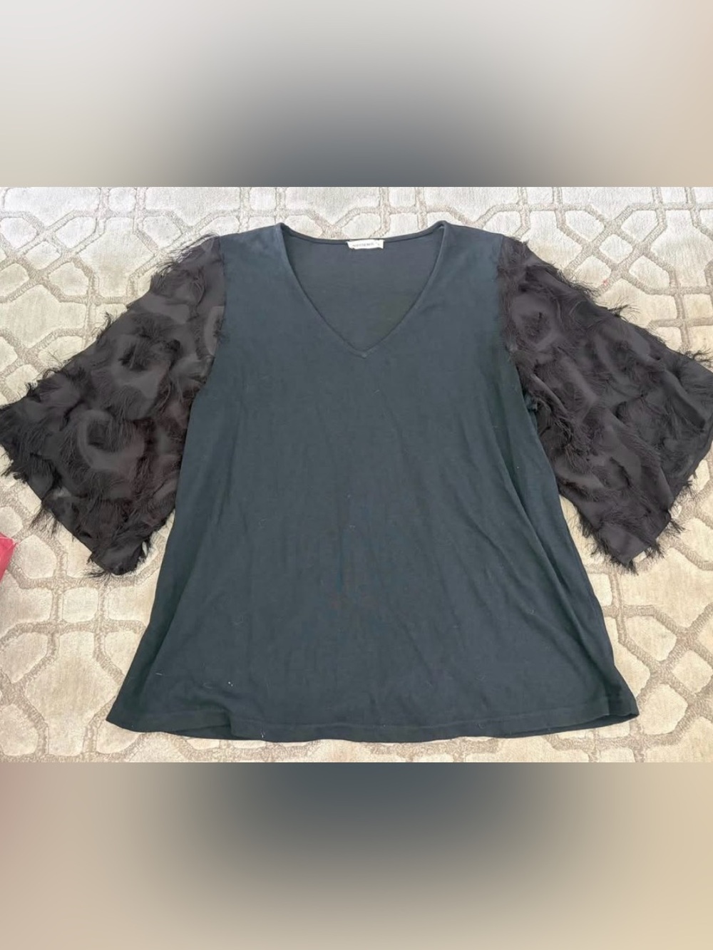 Black V-Neck Top with Textured Sheer Sleeves
